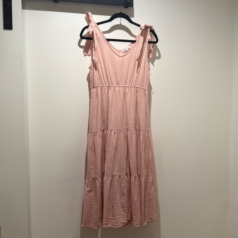 Moon River Sundress Tiered Midi V-Neck Pink & White Pinstripes w/ Shoulder ties